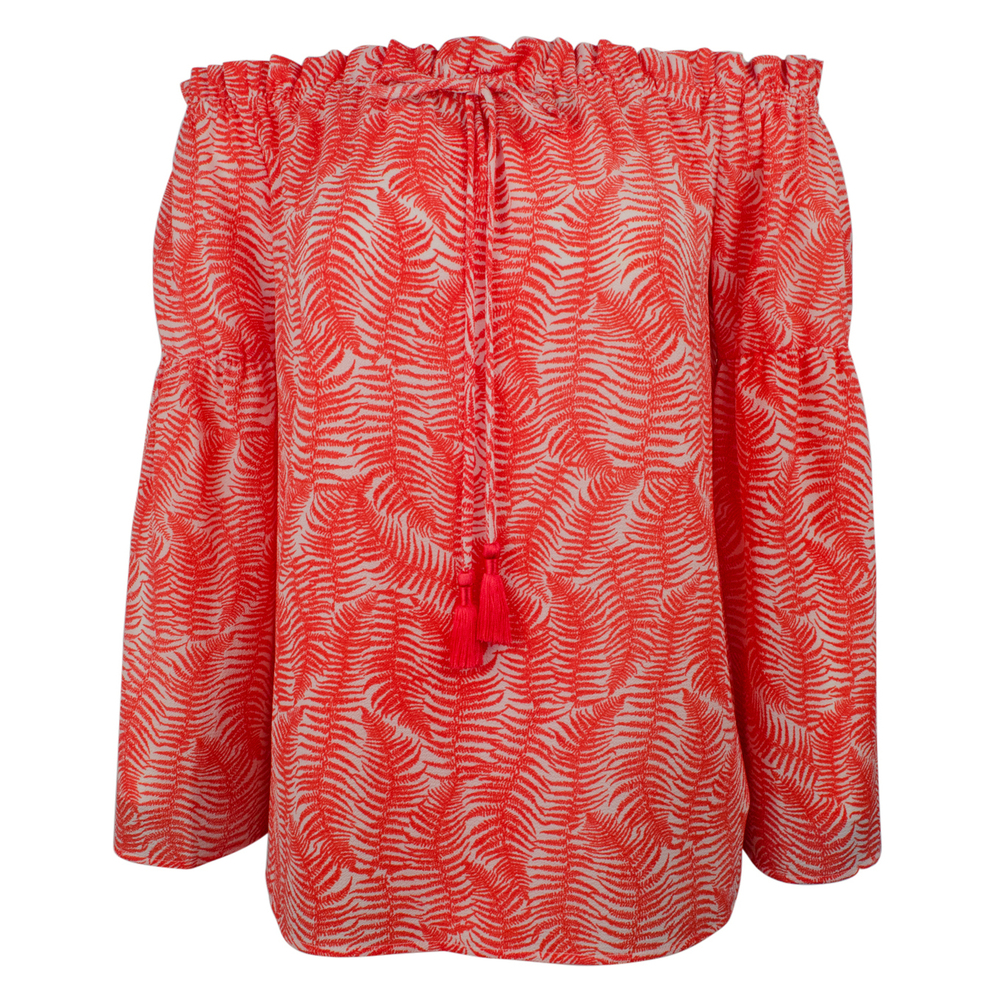Michael Kors Women's Patterned Off-The-Shoulder Bell Sleeve Tassel Top-S-S